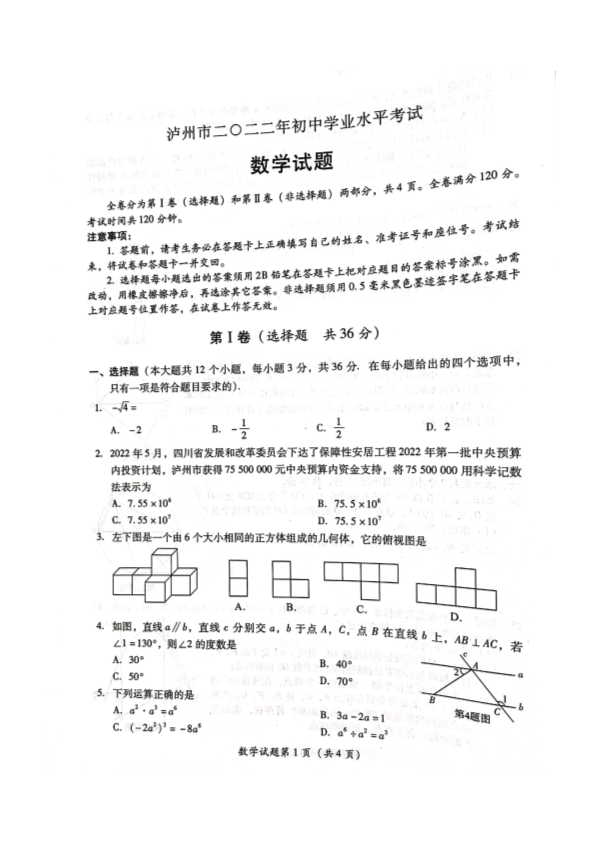 2022年四川省泸州市中考数学真题.pdf_第1页