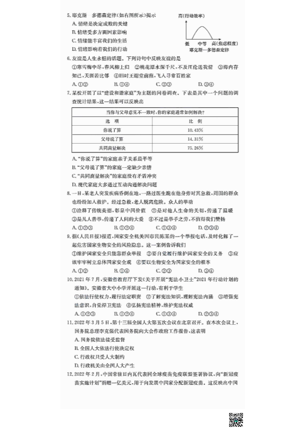安徽省2022年中考道德与法治真题试卷（PDF版无答案）.zip_第2页