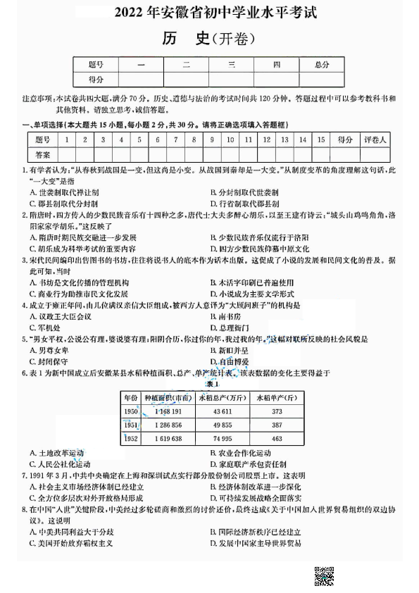 【真题】安徽省2022年中考历史真题试卷（扫描版无答案）.zip_第1页