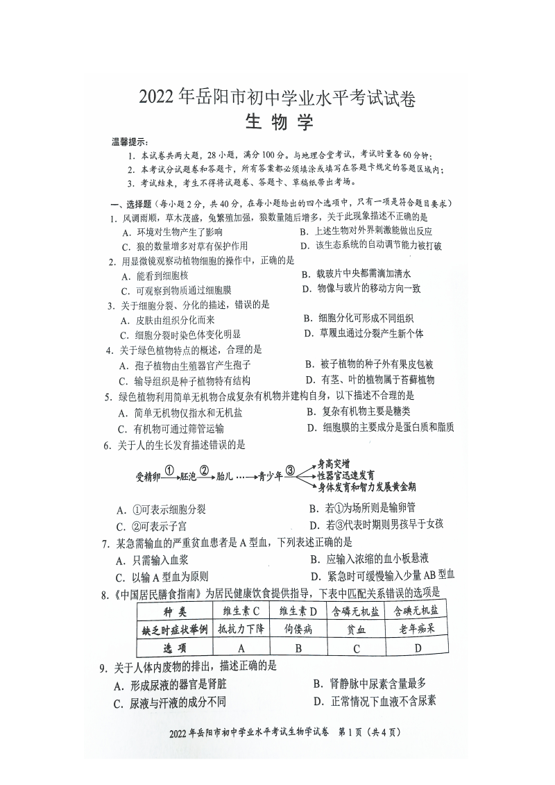 【中考试卷】2020湖南省岳阳市中考生物试卷（图片版无答案）.docx