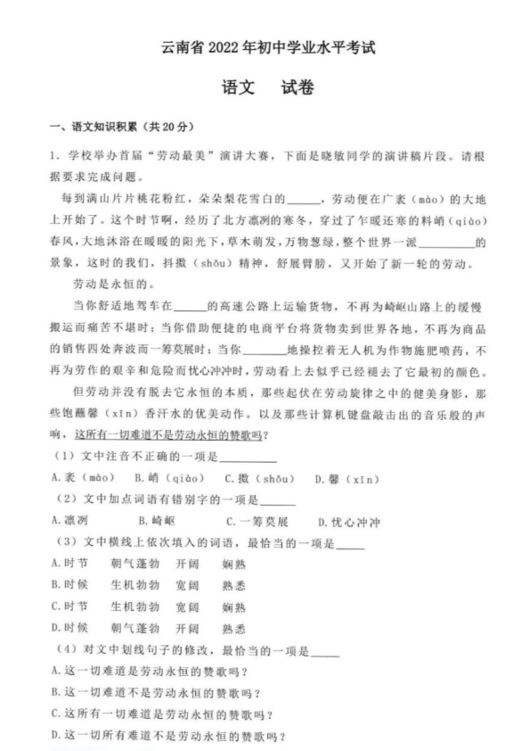 2022年云南省中考语文真题.pdf