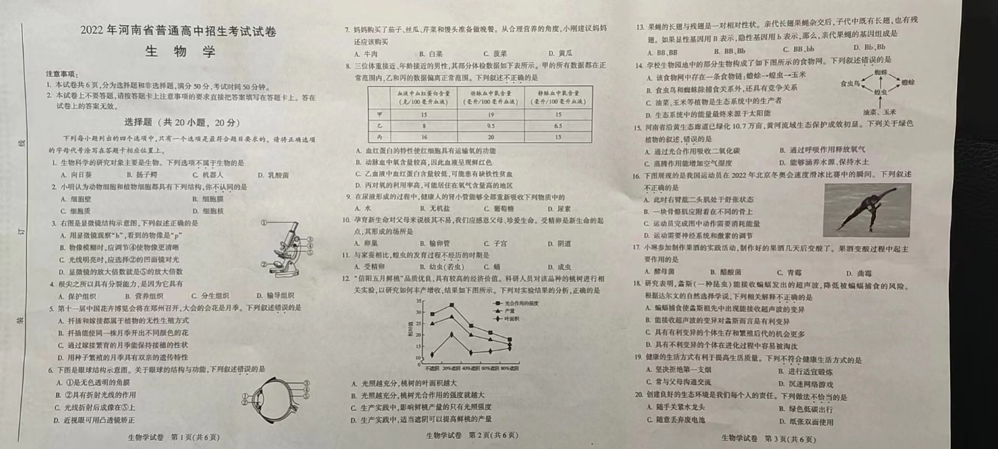 2022年河南省普通高中招生考试生物试卷.pdf_第1页