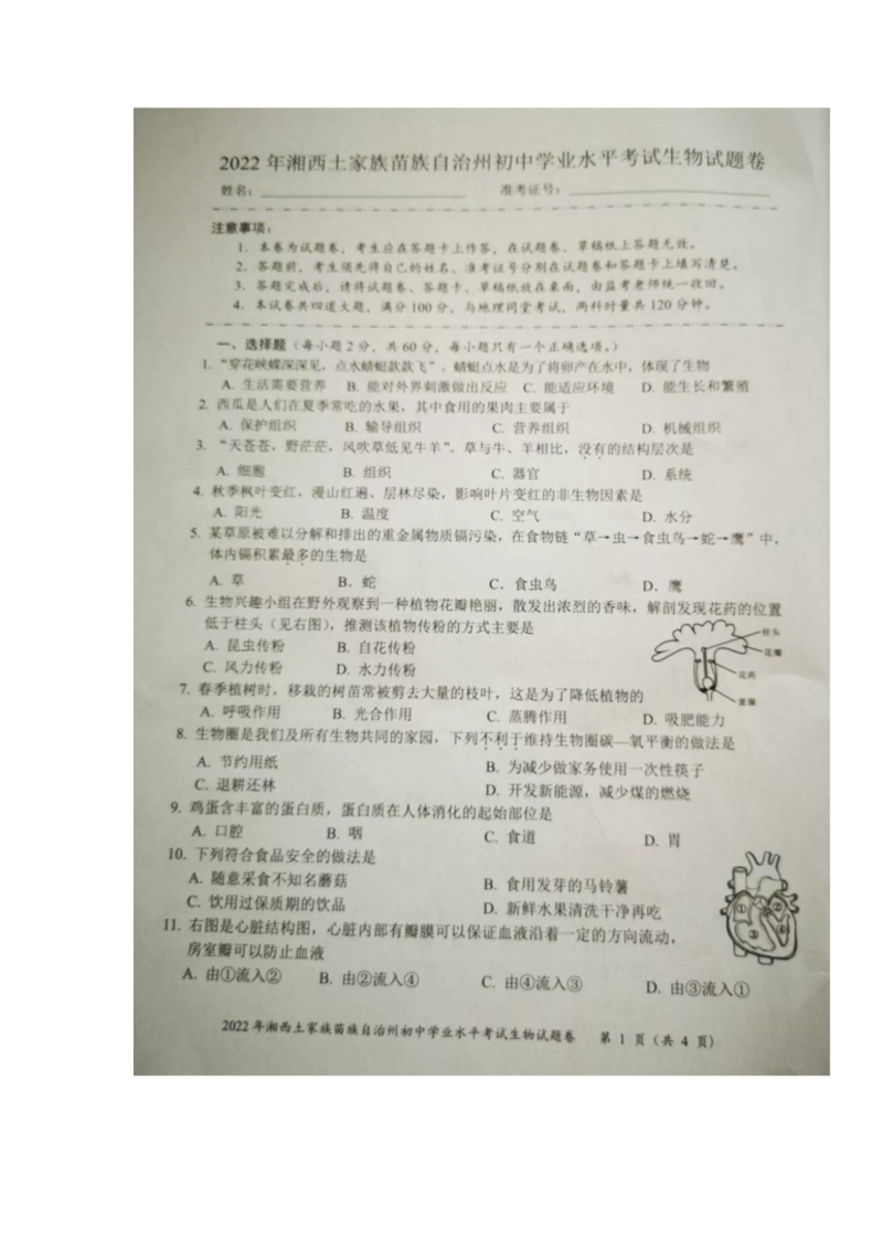 2022年湖南省湘西州初中学业水平考试生物真题（）.docx_第1页