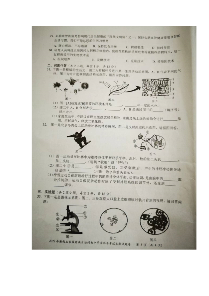 2022年湖南省湘西州初中学业水平考试生物真题（）.docx_第3页