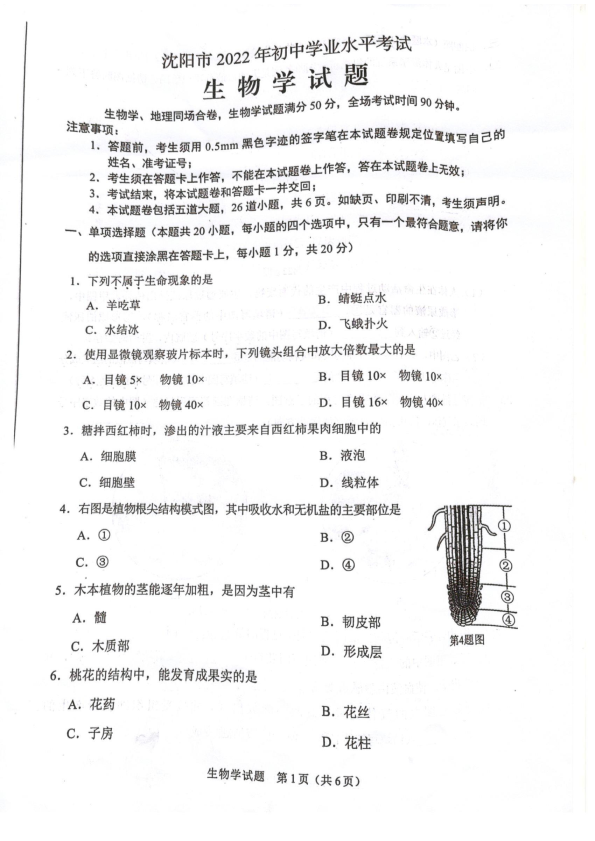 2022年辽宁省沈阳市生物中考试题 ）.pdf_第1页