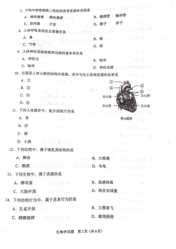 2022年辽宁省沈阳市生物中考试题 ）.pdf_第2页
