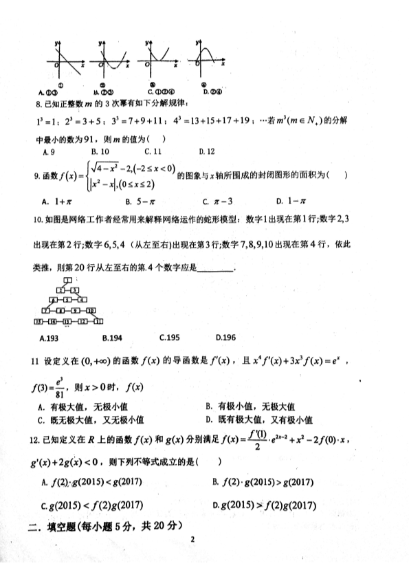 河南省郑州市2016-2017学年高二数学下学期月考试题（一）（PDF，无答案）.pdf_第2页