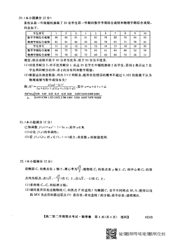 安徽省滁州市九校2016-2017学年高二数学下学期期末联考试题 [理科]（PDF,有答案）.pdf_第4页