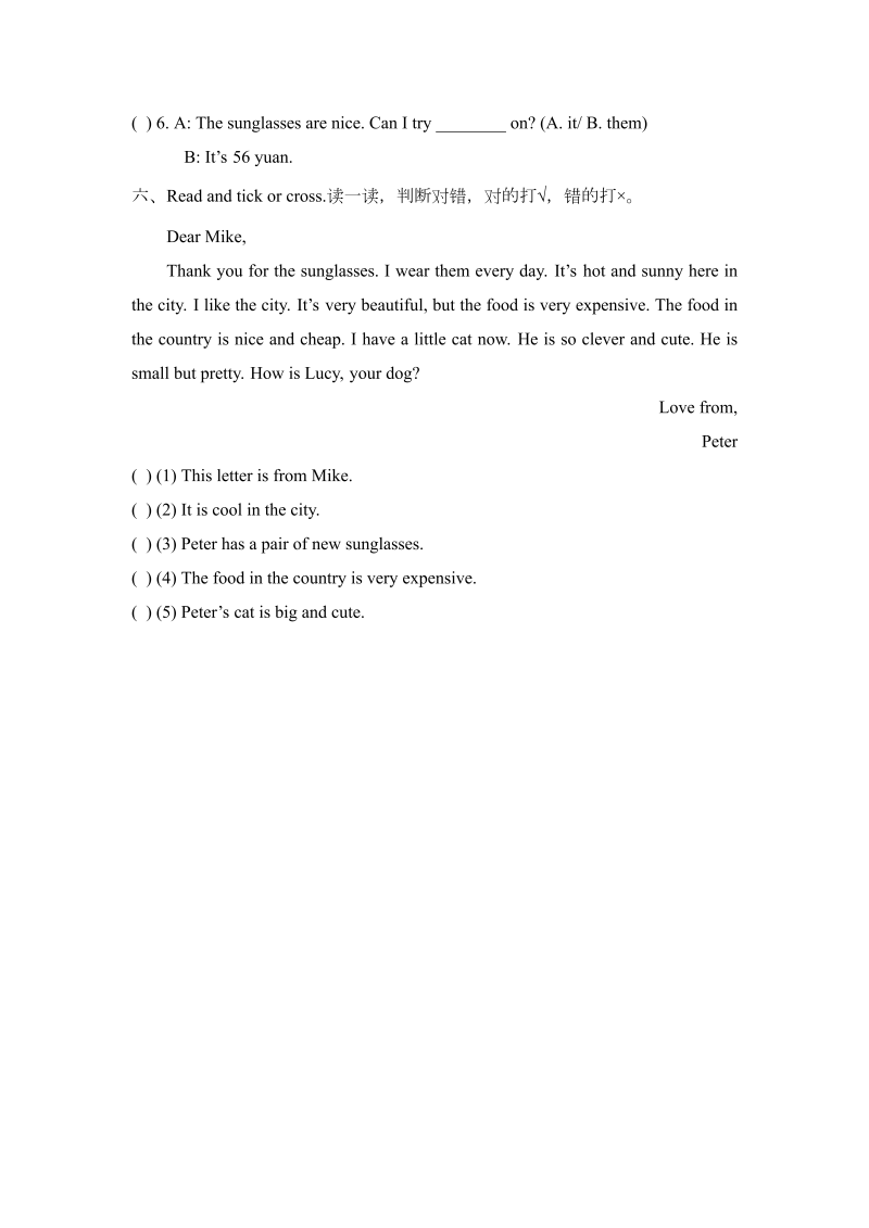 四年级英语下册  Recycle2_阶段测试卷（人教版）_第4页