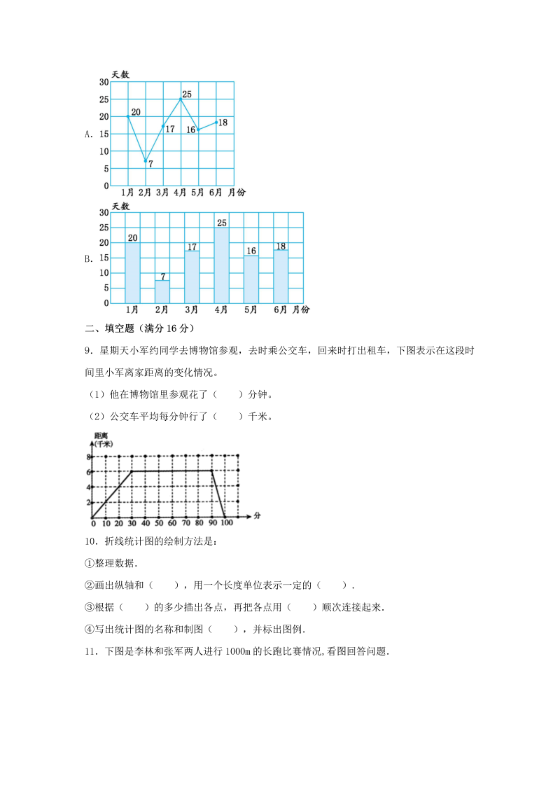 五年级数学下册  分层训练 基础+拔高 单元测试-第二单元 折线统计图（基础卷） （含答案）（苏教版）_第3页