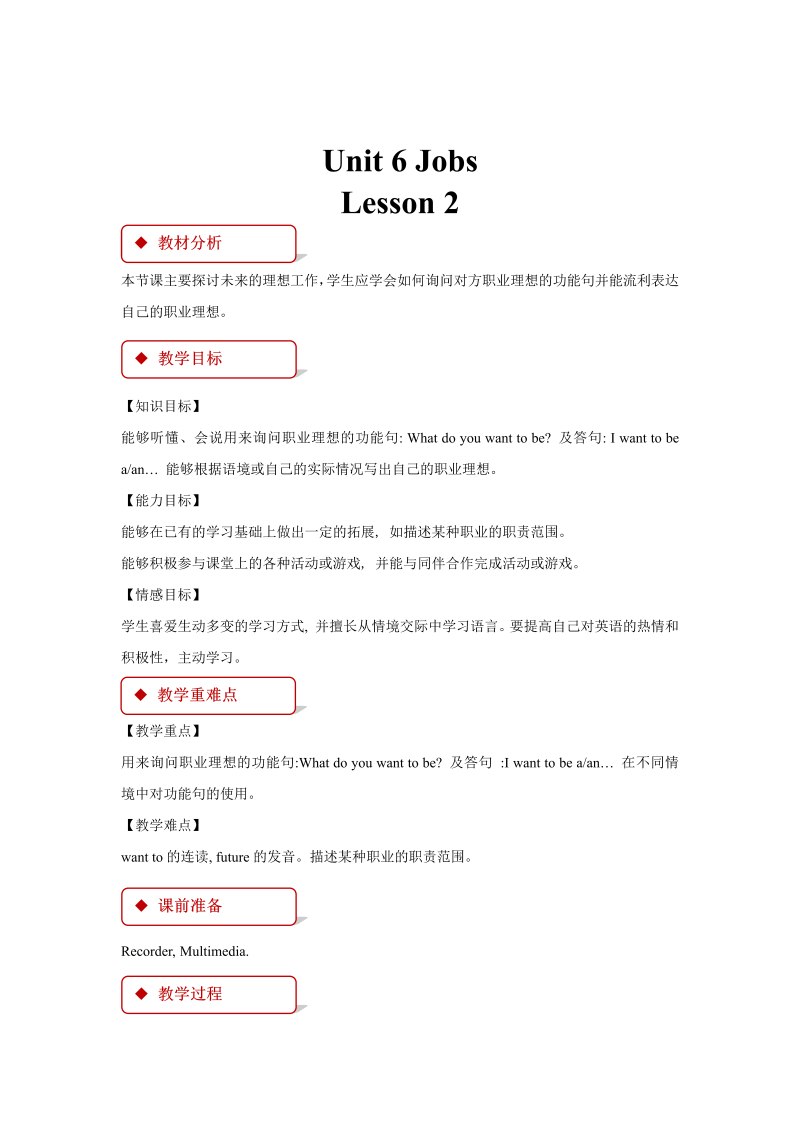 四年级英语上册  Unit 6 Lesson 2 (人教版）教案