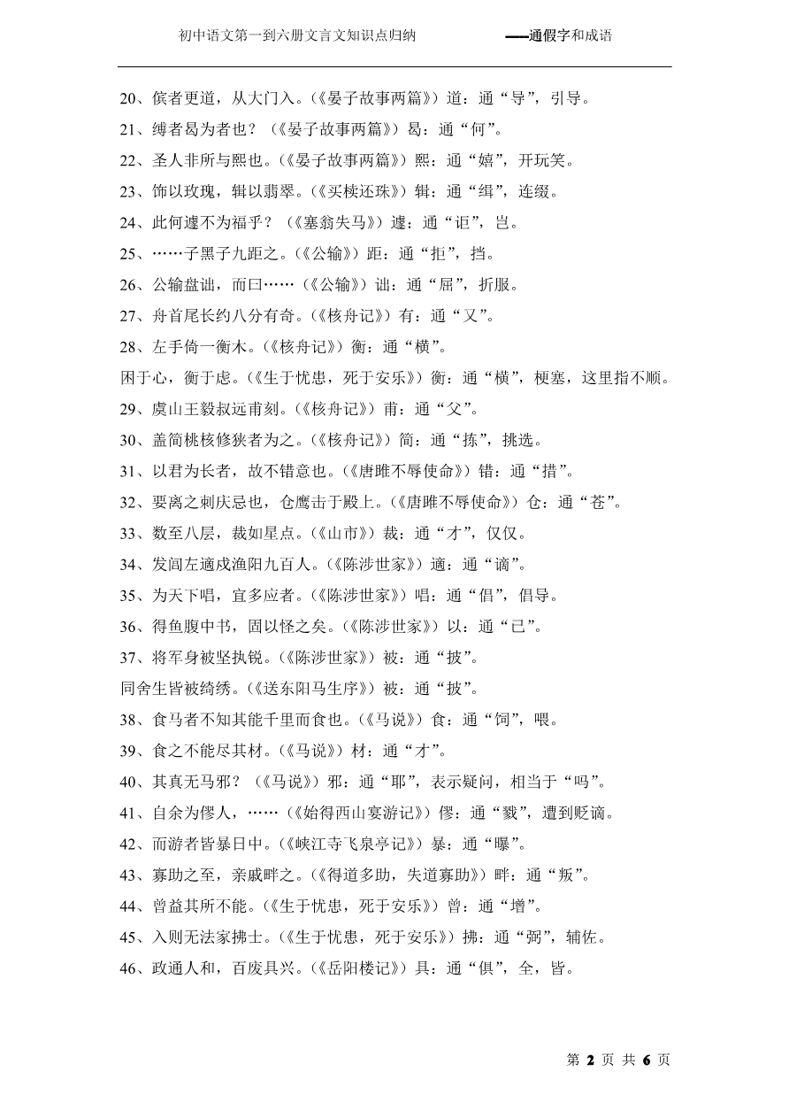 初中语文第一到六册文言文知识点归纳-----通假字和成语_第2页