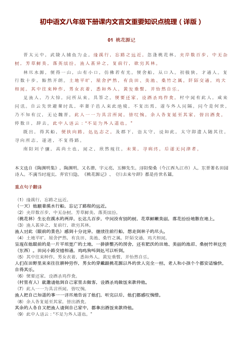 初中语文八年级下册课内文言文重要知识点梳理（详版）_第1页