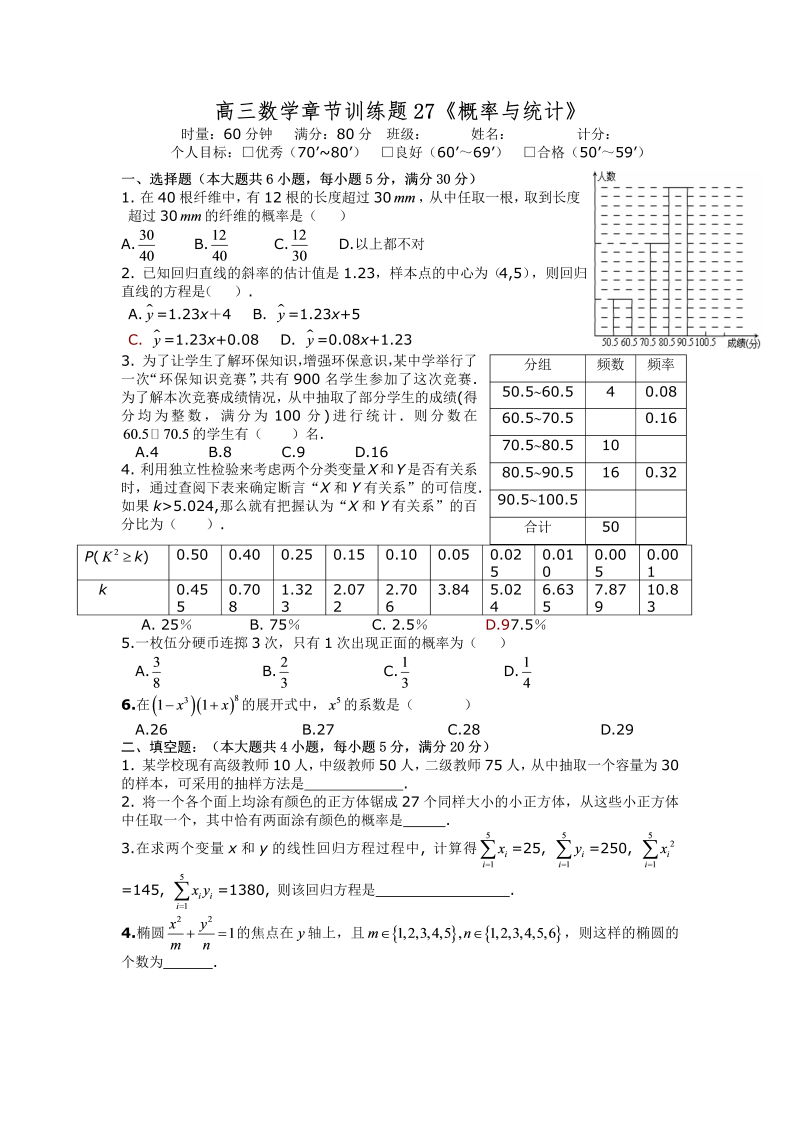 高考数学训练试题：27概率与统计_第1页