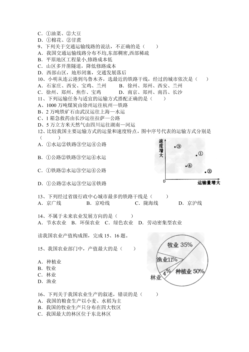 八年级地理《第四章：中国的经济发展》测试题目_第2页