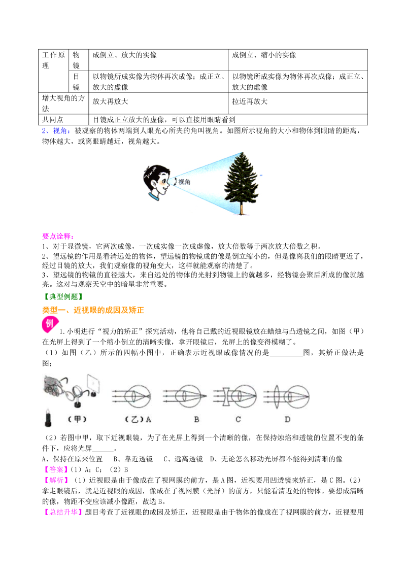 初中物理 八年级上册 42眼睛和眼镜 显微镜和望远镜（提高） 巩固练习 (2)_第3页