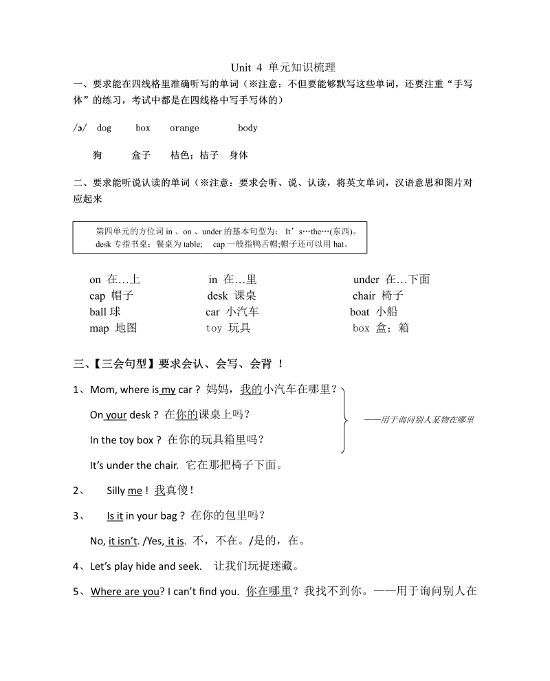 三年级英语下册Unit 4单元知识梳理（2）