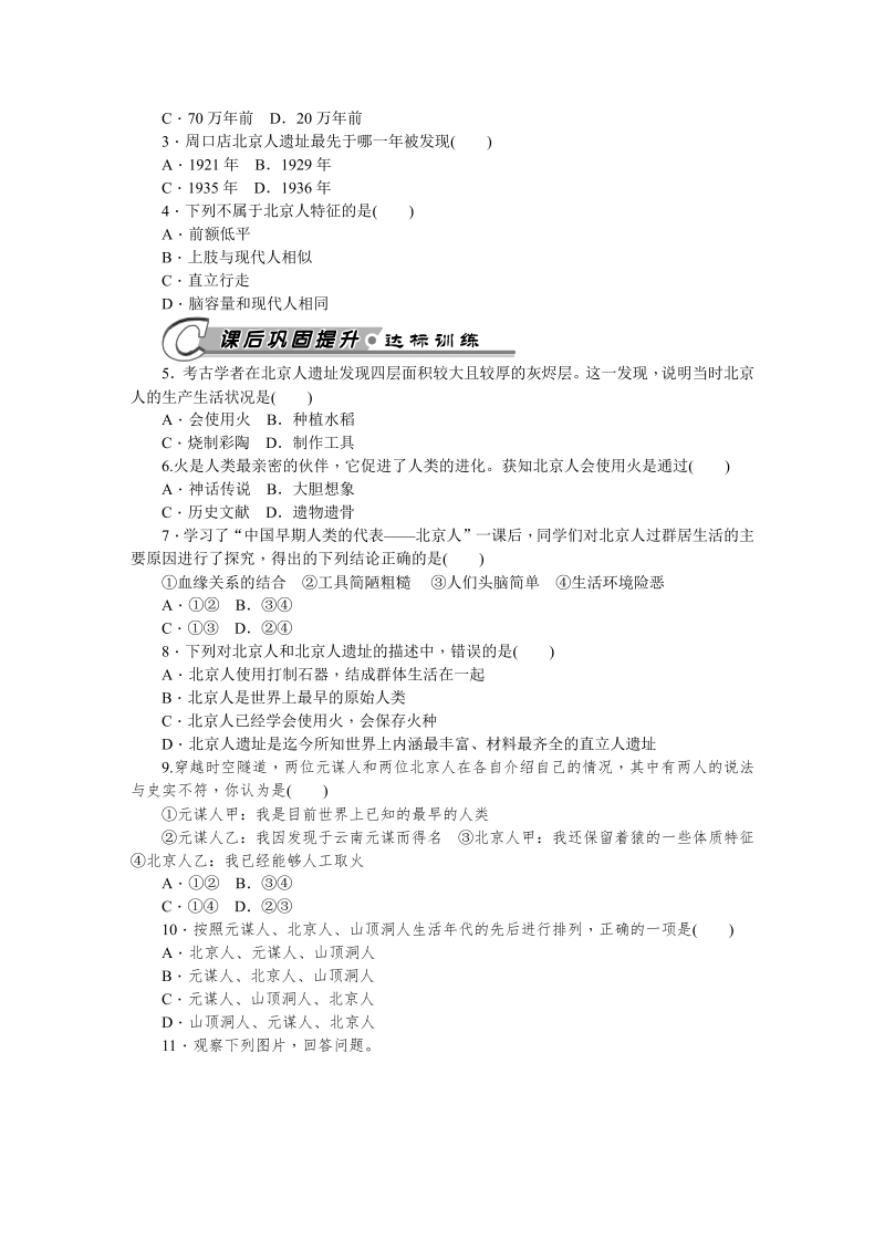 七年级历史上册 人教版第1课中国早期人类的代表——北京人 习题 含答案_第2页