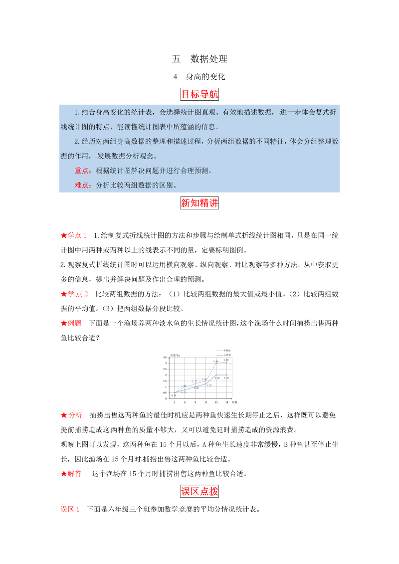 六年级数学上册  【同步讲练】5.数据处理 第四课时  身高的变化教材详解+分层训练（，含答案）（北师大版）