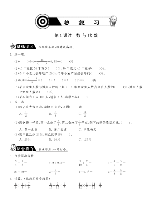 六年级数学上册  8.1数与代数课课练（北师大版）