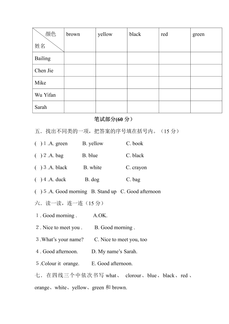 三年级英语上册  Unit2colours单元测试及答案（人教PEP）_第2页