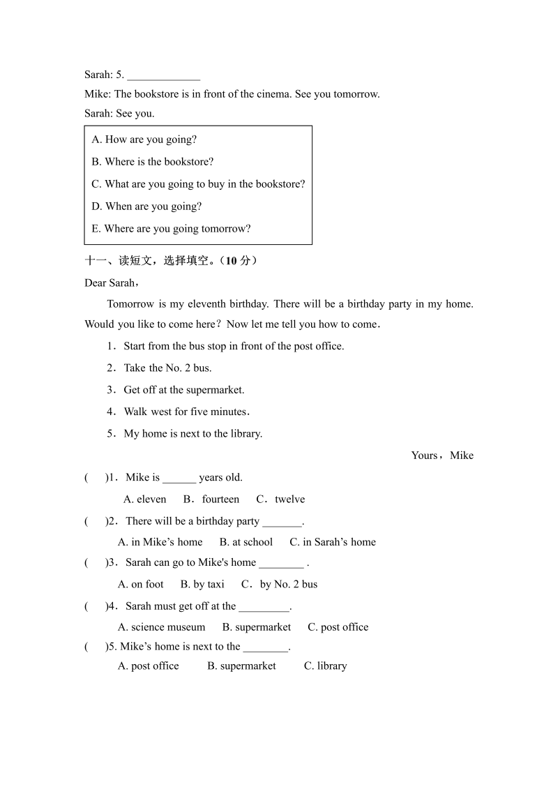 六年级英语上册  期中检测卷（三） （word版，含听力材料和答案）（人教版PEP）_第4页