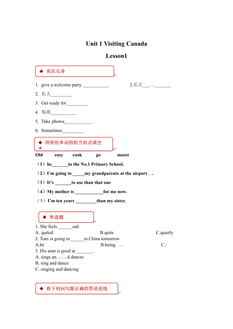 六年级英语下册  一课一练-Unit 1 Visiting Canada Lesson 1（有答案）（人教一起点）