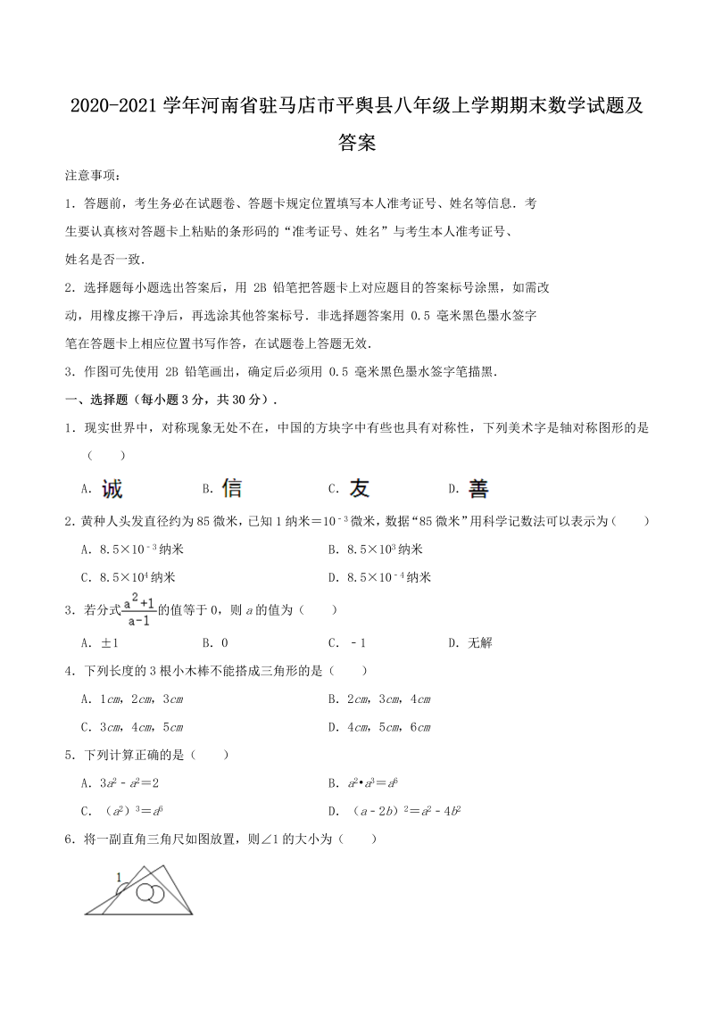 2020-2021学年河南省驻马店市平舆县八年级上学期期末数学试题及答案(Word版)